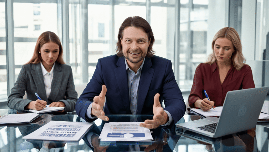 Maik Marx von plangenial.de im Business-Coaching mit zwei Frauen – professionelles Meeting mit Unterlagen und Laptop.