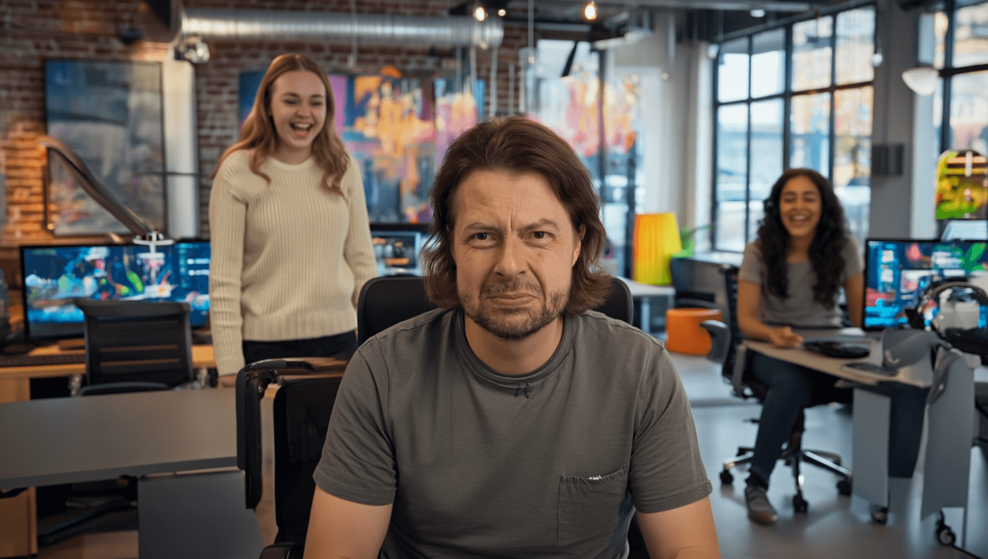 Maik Marx von plangenial.de sitzt frustriert am Schreibtisch, während zwei junge Frauen im Hintergrund lachen – Symbol für Büroalltag, Stress und Teamdynamik.