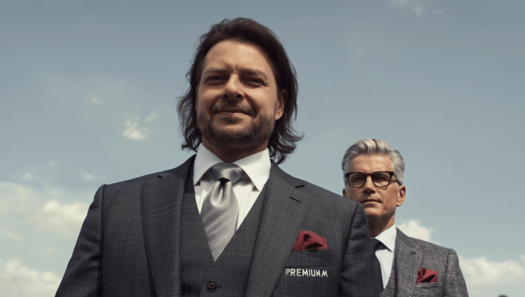 Maik Marx und Maximilian de Verger im eleganten Business-Look im Freien, beide in Anzügen mit Einstecktüchern, wirken souverän und professionell.