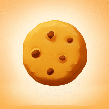 3D-Cartoon-Illustration eines Cookies mit Schokoladenstücken auf orangem Hintergrund.