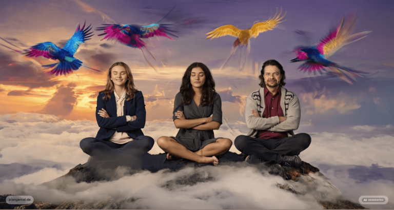 Maik Marx und zwei weitere Personen sitzen im Lotussitz auf einem Berggipfel über den Wolken, umgeben von bunten Vögeln – Symbol für Meditation, Balance und Freiheit — KI-generiert