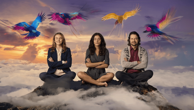 Maik Marx und zwei weitere Personen sitzen im Lotussitz auf einem Berggipfel über den Wolken, umgeben von bunten Vögeln – Symbol für Meditation, Balance und Freiheit.