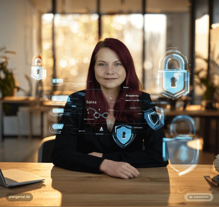 Nicole Flieger von plangenial.de als datenschutzverantwortliche Person mit digitalen Sicherheitssymbolen für Daten- und Privatsphärenschutz — KI-generiert
