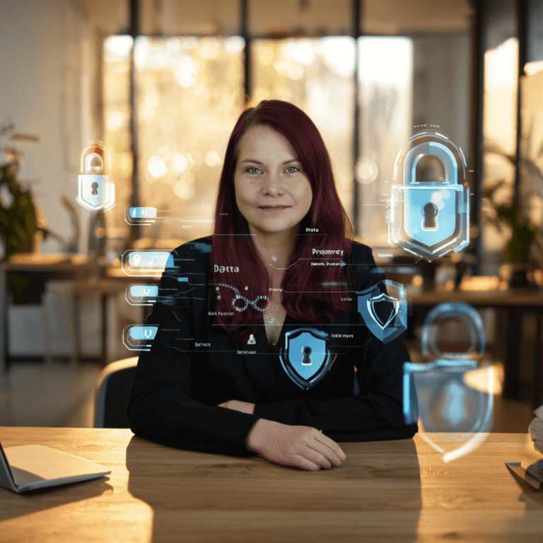Nicole Flieger von plangenial.de als datenschutzverantwortliche Person mit digitalen Sicherheitssymbolen für Daten- und Privatsphärenschutz.