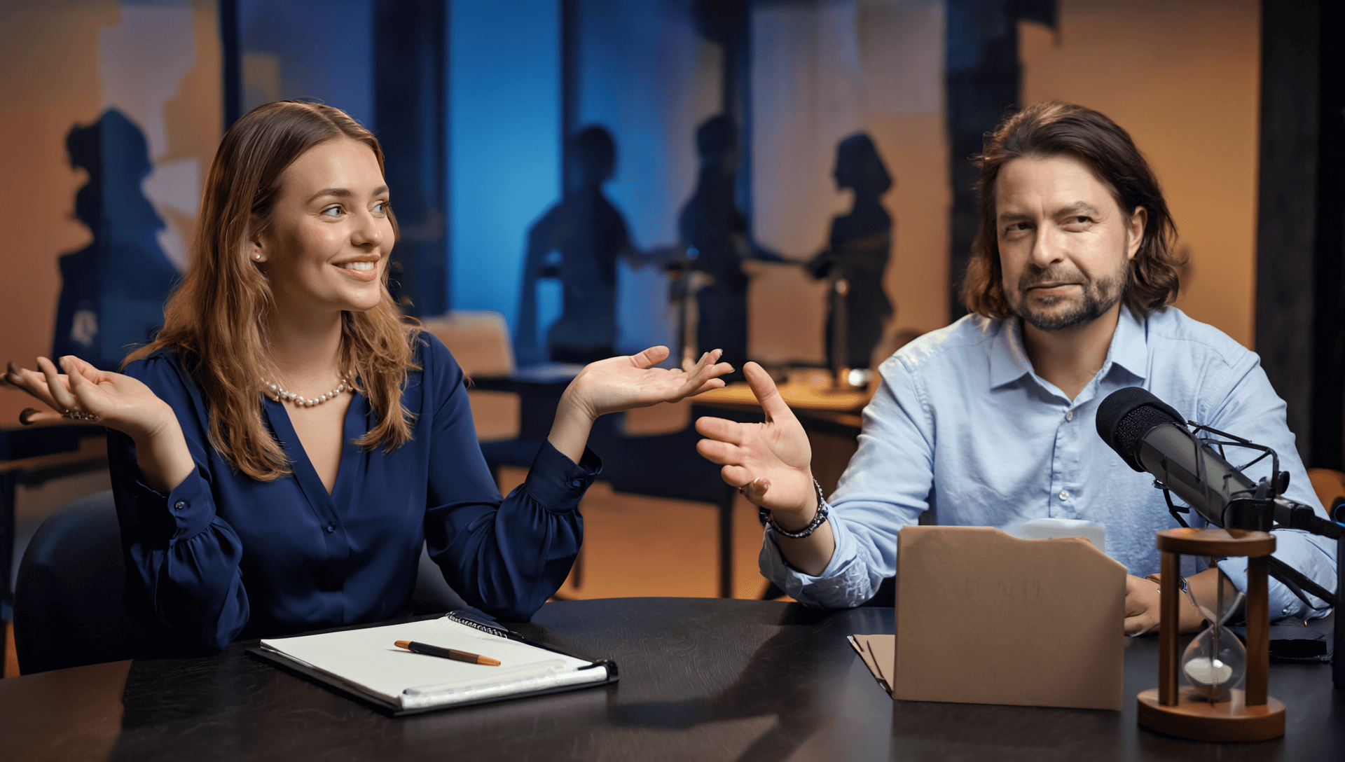 Podcast-Aufnahme bei plangenial.de – zwei Personen diskutieren über Coaching und Business-Themen.