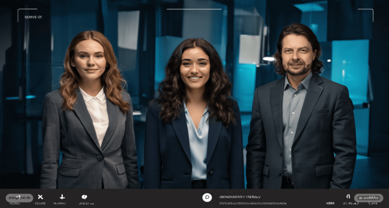 Team von plangenial.de – drei Personen im Business-Outfit symbolisieren Beratung, Coaching und Datenschutz — KI-generiert