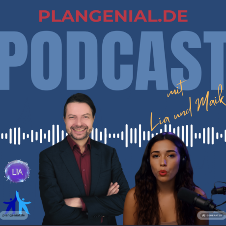 Podcast Cover von plangenial.de mit Maik Marx und Lia Smart zum Thema KI, Business und digitale Strategien für Unternehmer — KI-generiert
