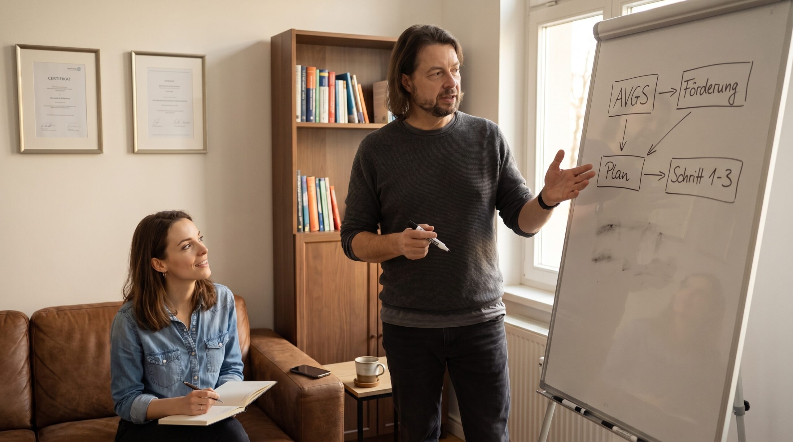 Maik Marx erklärt das AVGS-Förder-Konzept am Whiteboard, eine Klientin macht Notizen