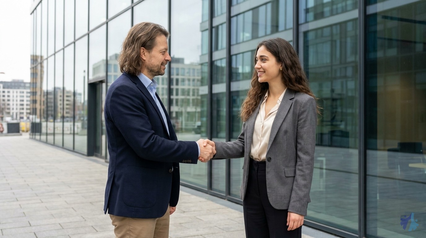 Lia und Maik bei einem herzlichen Handschlag vor einem modernen Bürogebäude