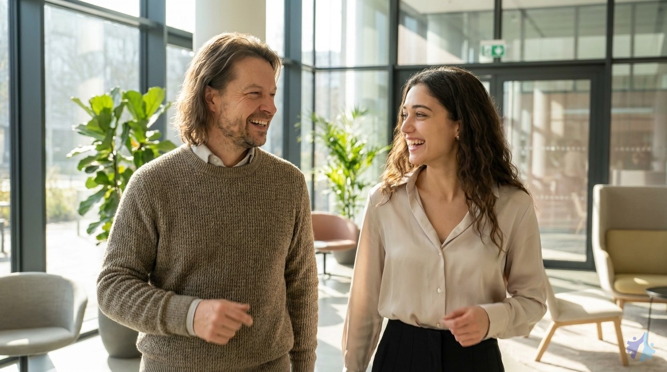 Lia und Maik gehen lachend und im Gespräch durch eine helle Büro-Lobby