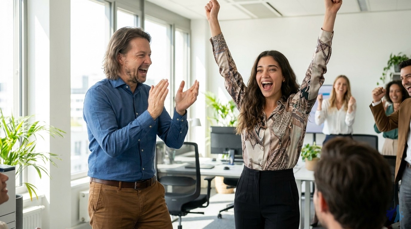 Lia und Maik jubeln gemeinsam über eine Jobzusage im Büro