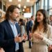 Lia und Maik im angeregten Networking-Gespräch mit lebhaften Gesten