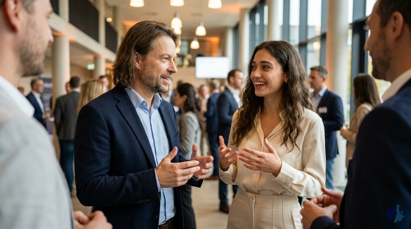 Lia und Maik im angeregten Networking-Gespräch mit lebhaften Gesten