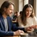Lia und Maik arbeiten entspannt gemeinsam am Laptop in einem Café
