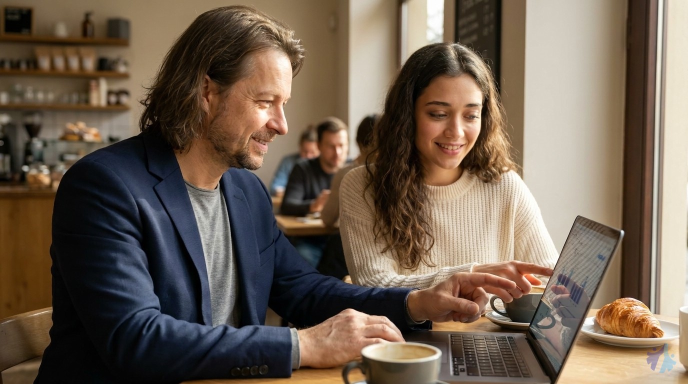 Lia und Maik arbeiten entspannt gemeinsam am Laptop in einem Café