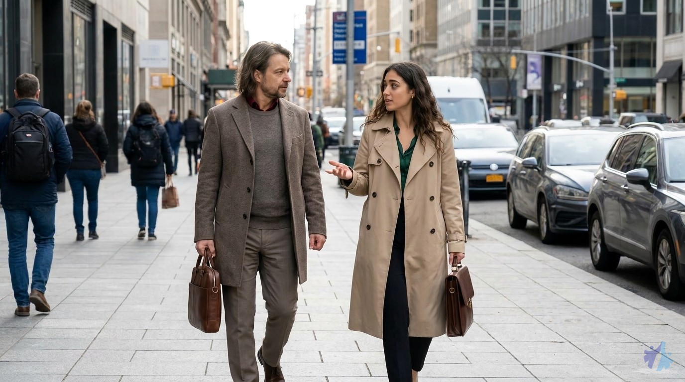 Lia und Maik gehen mit Laptoptasche eine Stadtstraße entlang, unterwegs zum Termin