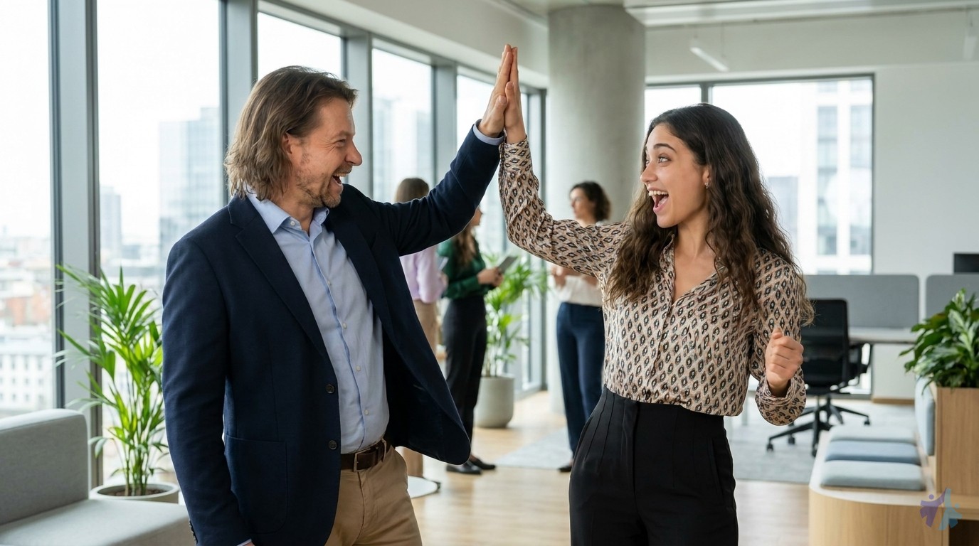 Lia und Maik klatschen sich im Büro freudig ab (High-Five)