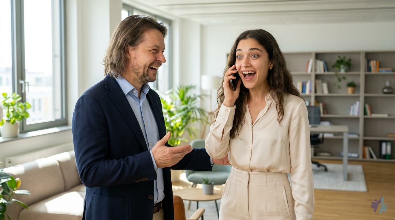 Lia freut sich am Telefon über eine Jobzusage, Maik reagiert mit