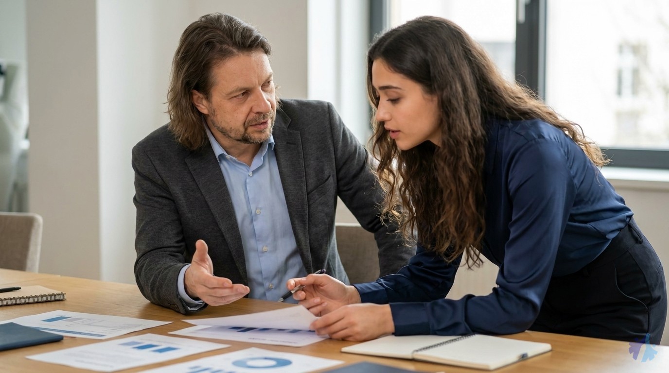 Lia und Maik besprechen vertieft einen Karriereplan am Tisch