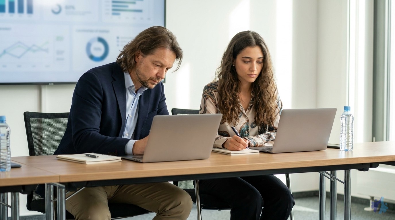 Lia und Maik bei der Weiterbildung im Seminarraum am Laptop