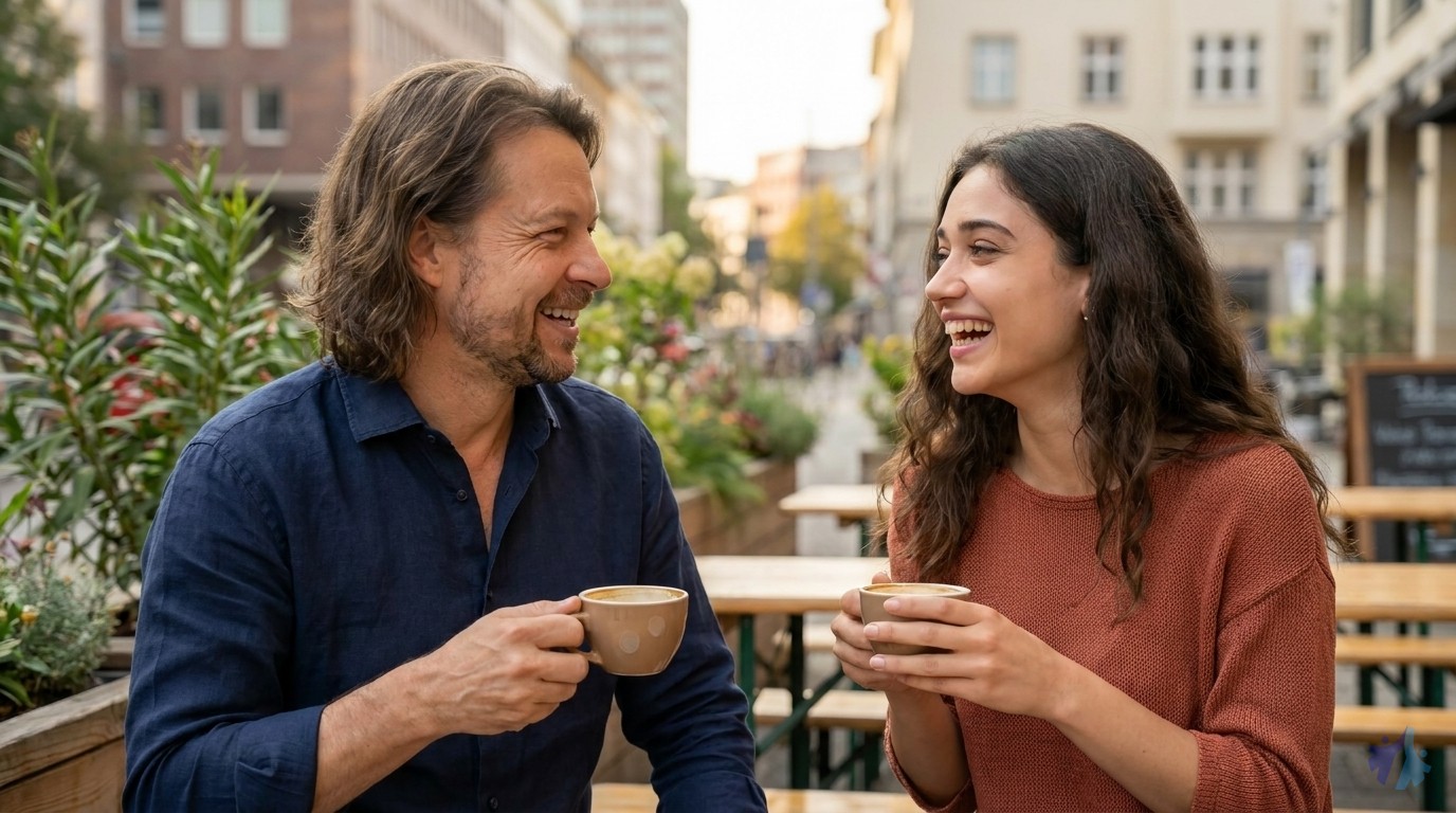 Lia und Maik bei einer entspannten Kaffeepause draußen