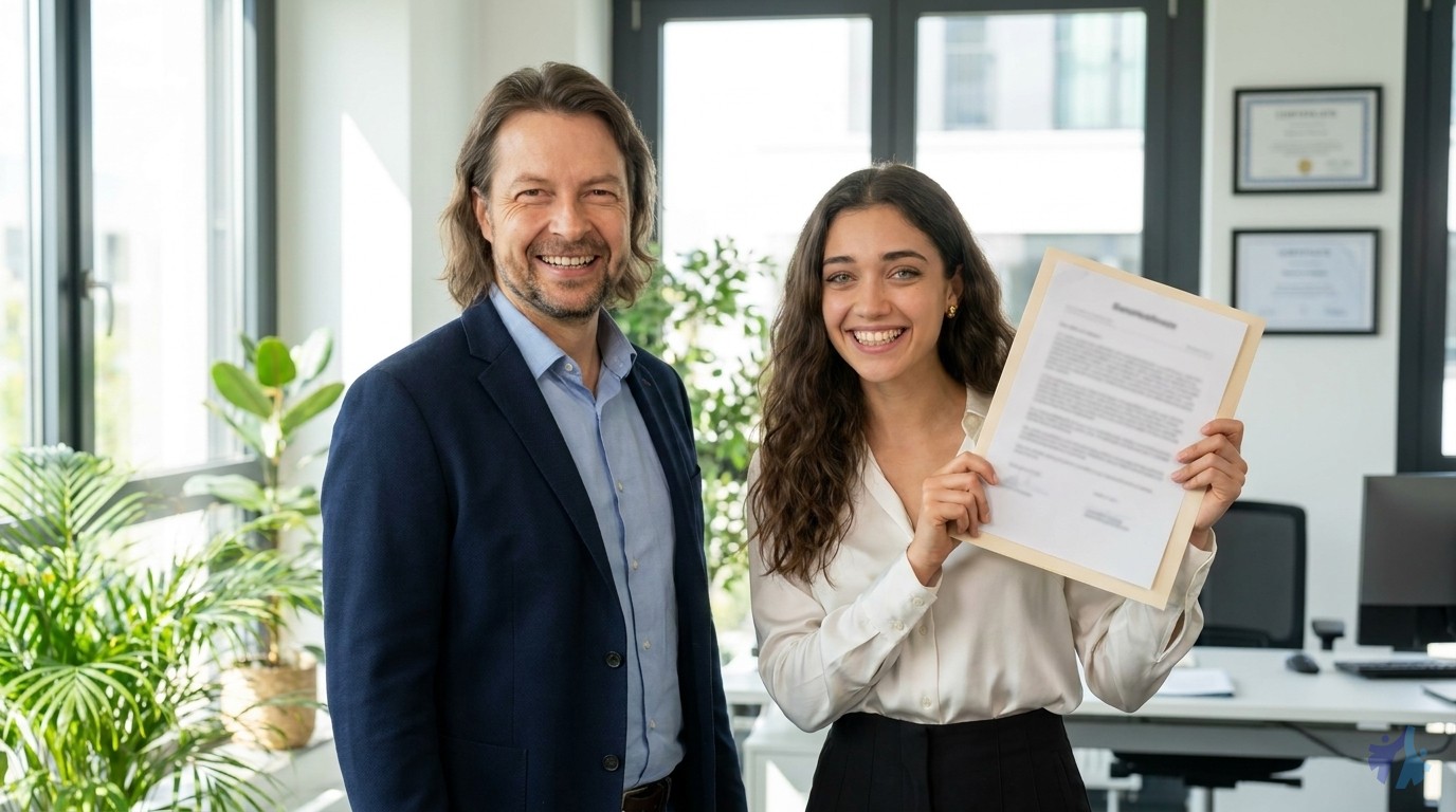 Lia und Maik strahlen stolz mit Unterlagen über einen erfolgreichen Abschluss