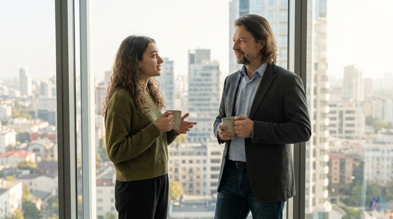 Lia und Maik blicken mit Kaffee aus dem Fenster über die Stadt