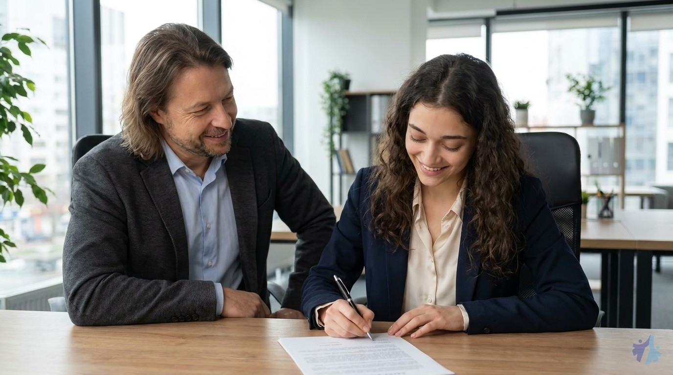 Lia unterschreibt einen Vertrag, Maik lächelt ermutigend
