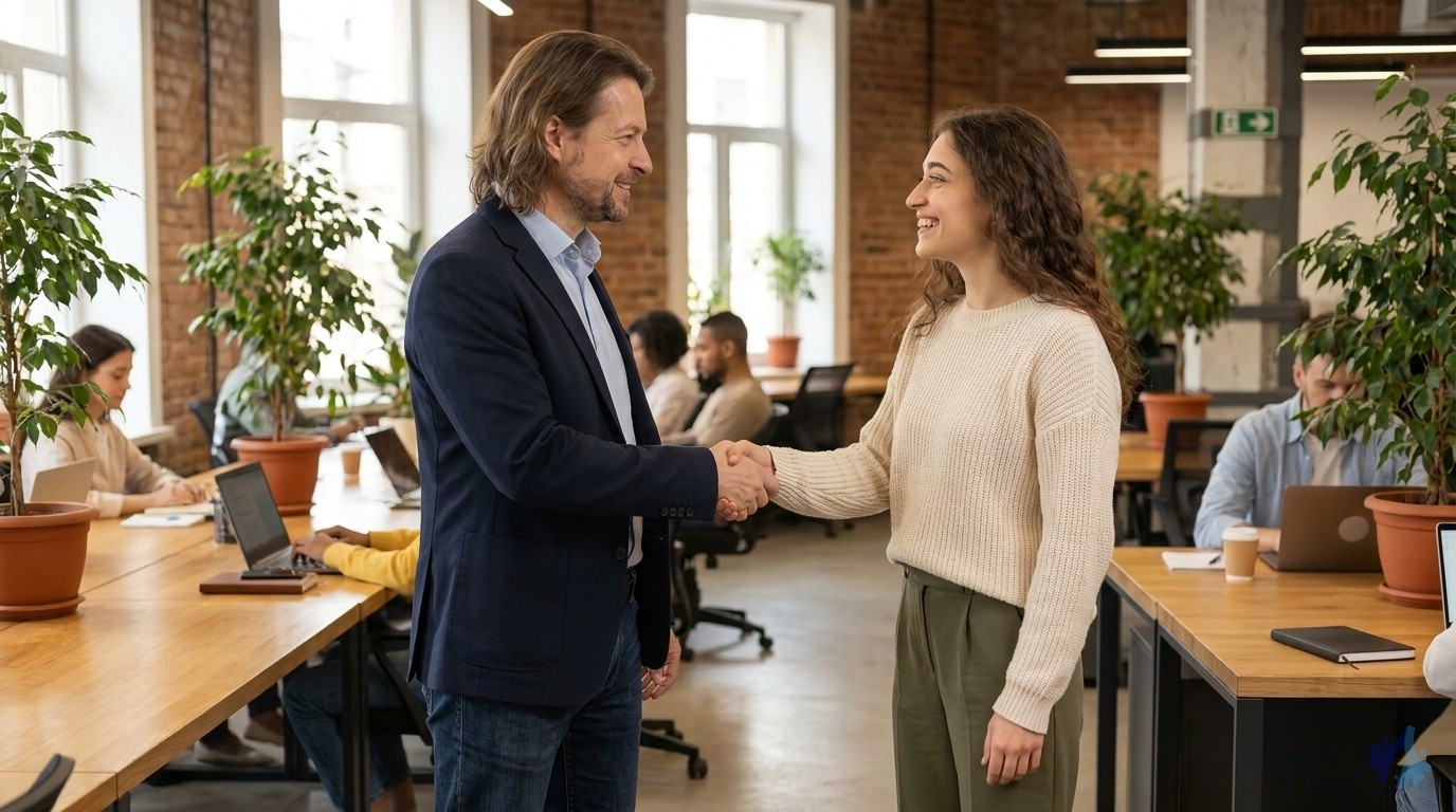 Lia und Maik bei einer freundlichen Begrüßung im modernen Coworking-Space