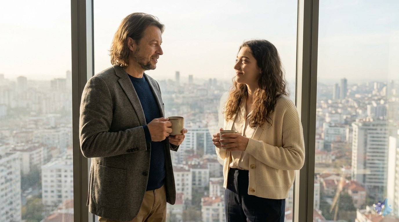 Lia und Maik im Gespräch am großen Fenster mit Stadtblick