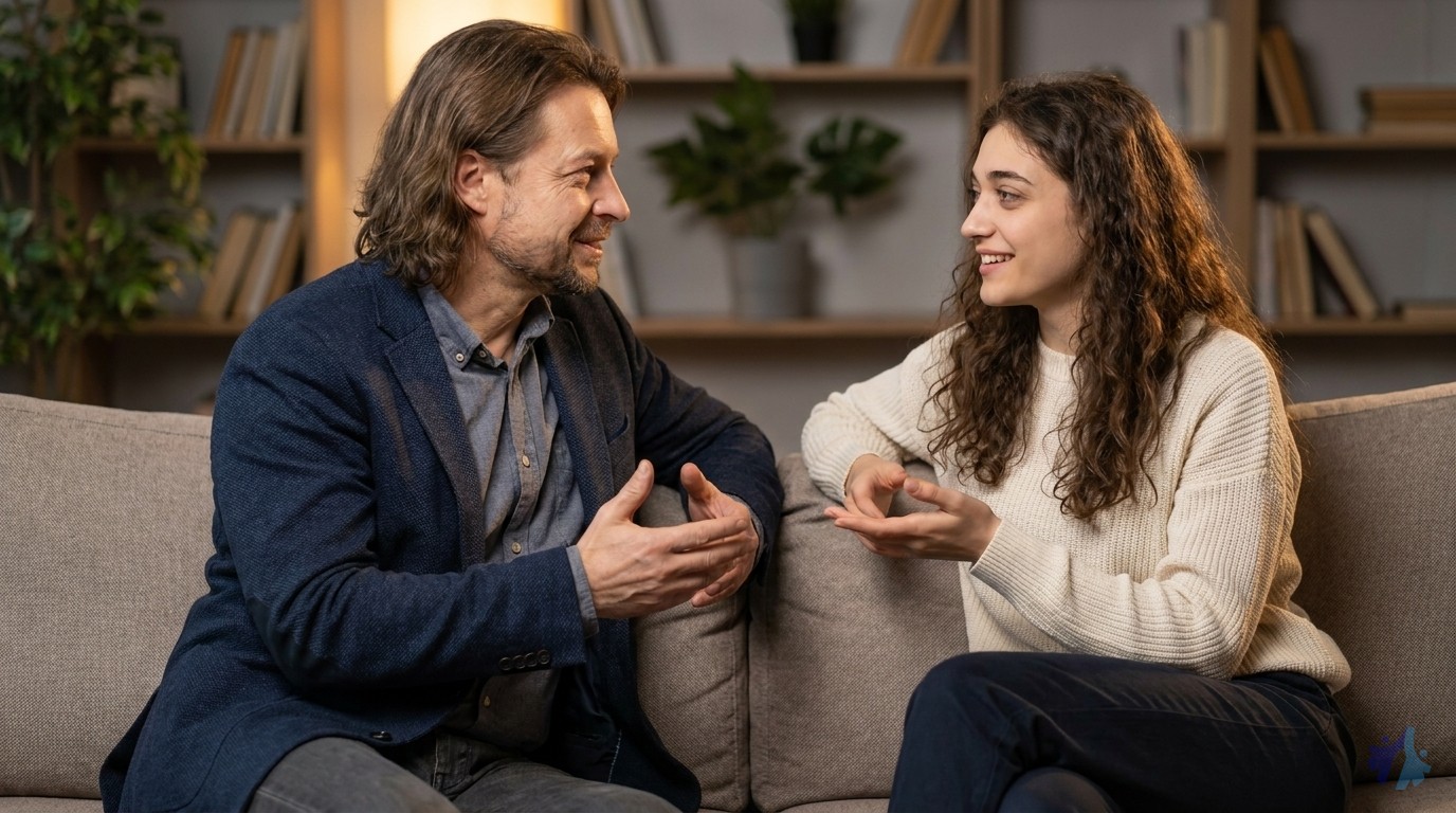 Lia und Maik im entspannten Gespräch im Lounge-Bereich