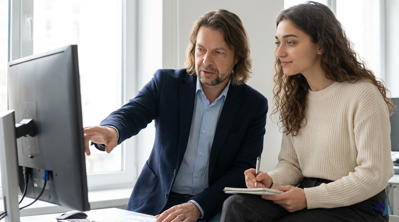 Maik zeigt Lia etwas am Monitor, konzentriertes Mentoring