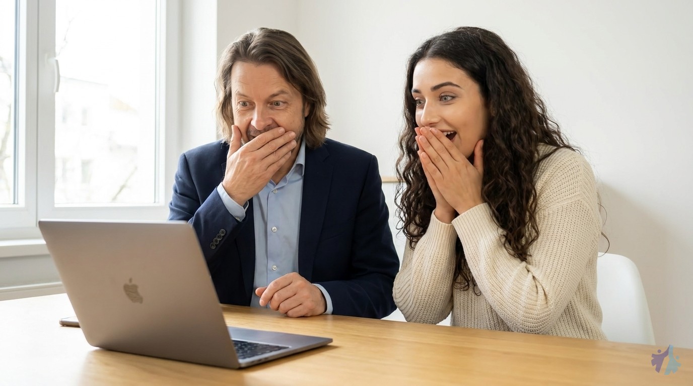 Lia und Maik schauen überrascht und erschrocken auf den Bildschirm