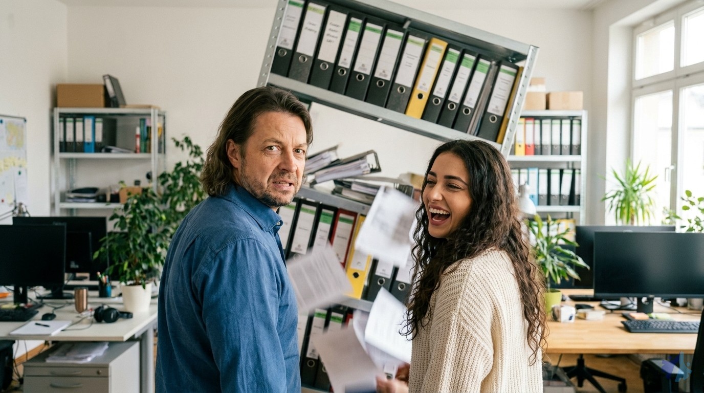 Im Hintergrund kippt ein Regal um, Lia und Maik reagieren erschrocken-lachend