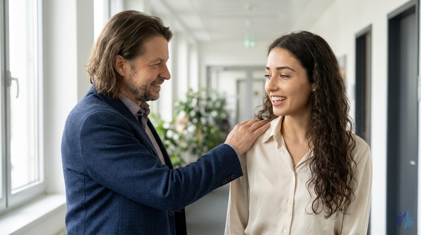 Lia atmet erleichtert auf nach dem Vorstellungsgespräch, Maik klopft ihr auf die Schulter
