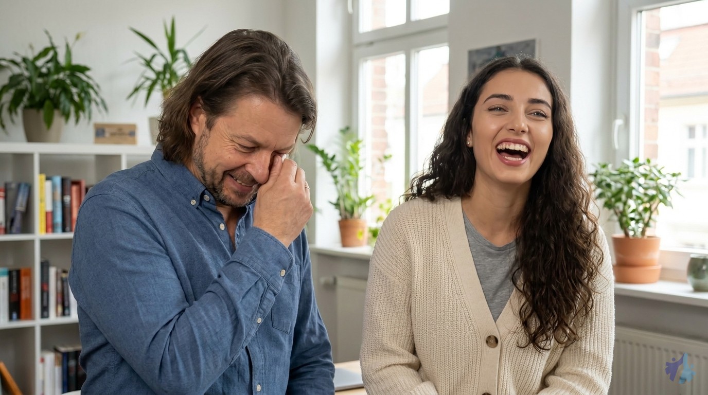 Lia und Maik lachen herzlich, fast Tränen lachend