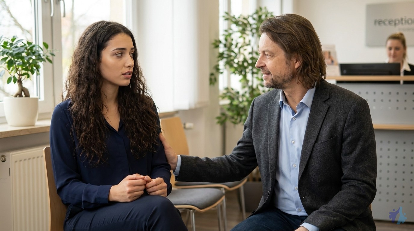 Lia ist nervös vor dem Gespräch, Maik beruhigt sie ermutigend