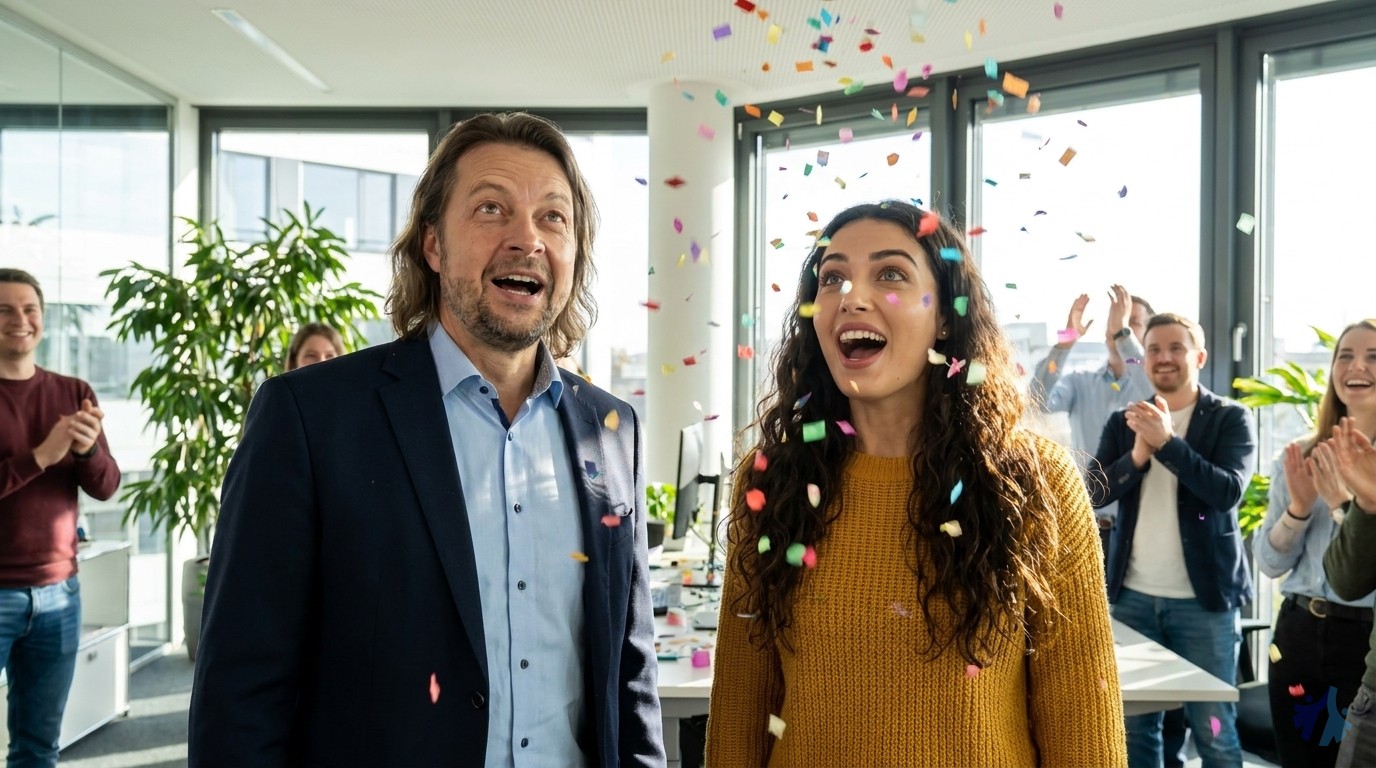 Konfetti fällt, Lia und Maik sind überrascht und begeistert