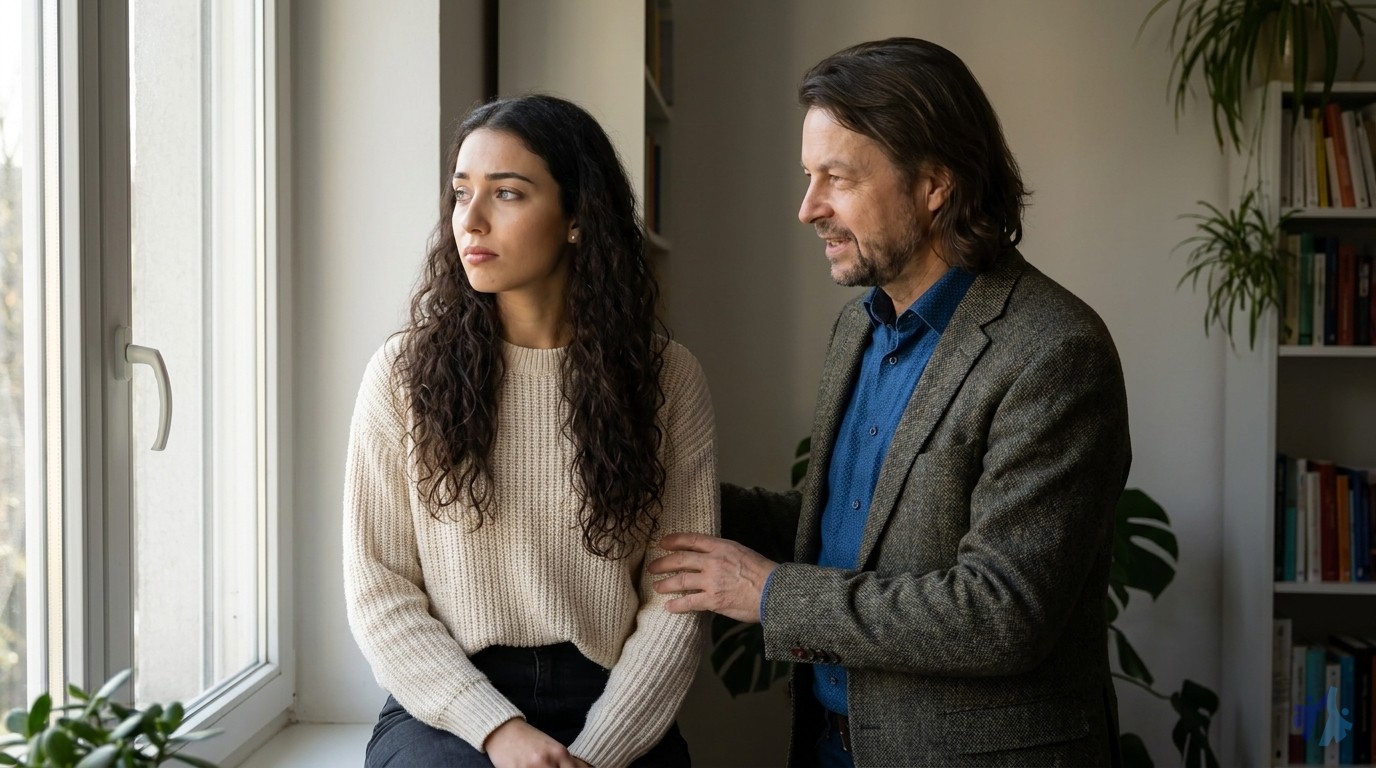 Lia nachdenklich am Fenster, Maik macht ihr Mut, hoffnungsvolle Stimmung