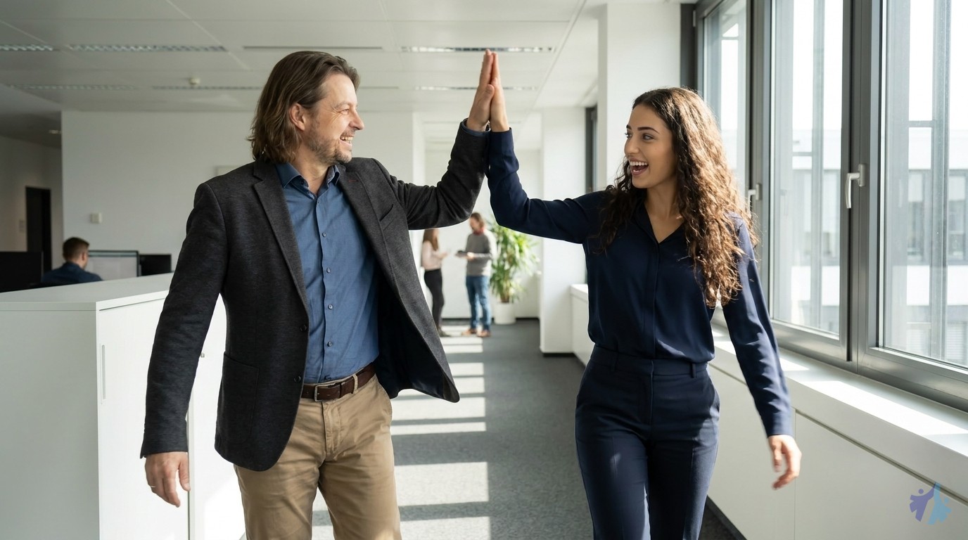 Lia und Maik geben sich im Gehen dynamisch ein High-Five