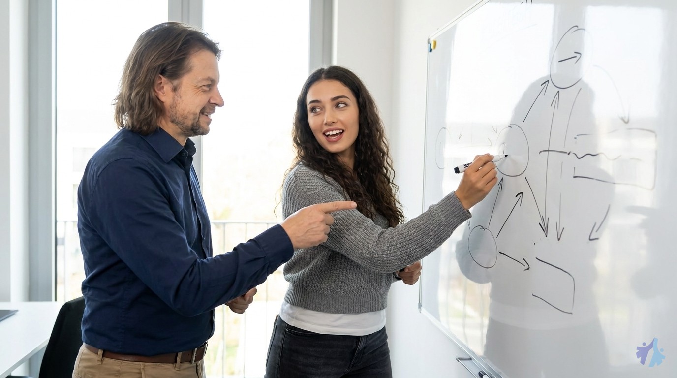 Lia und Maik zeichnen lebhaft einen Karriere-Pfad ans Whiteboard