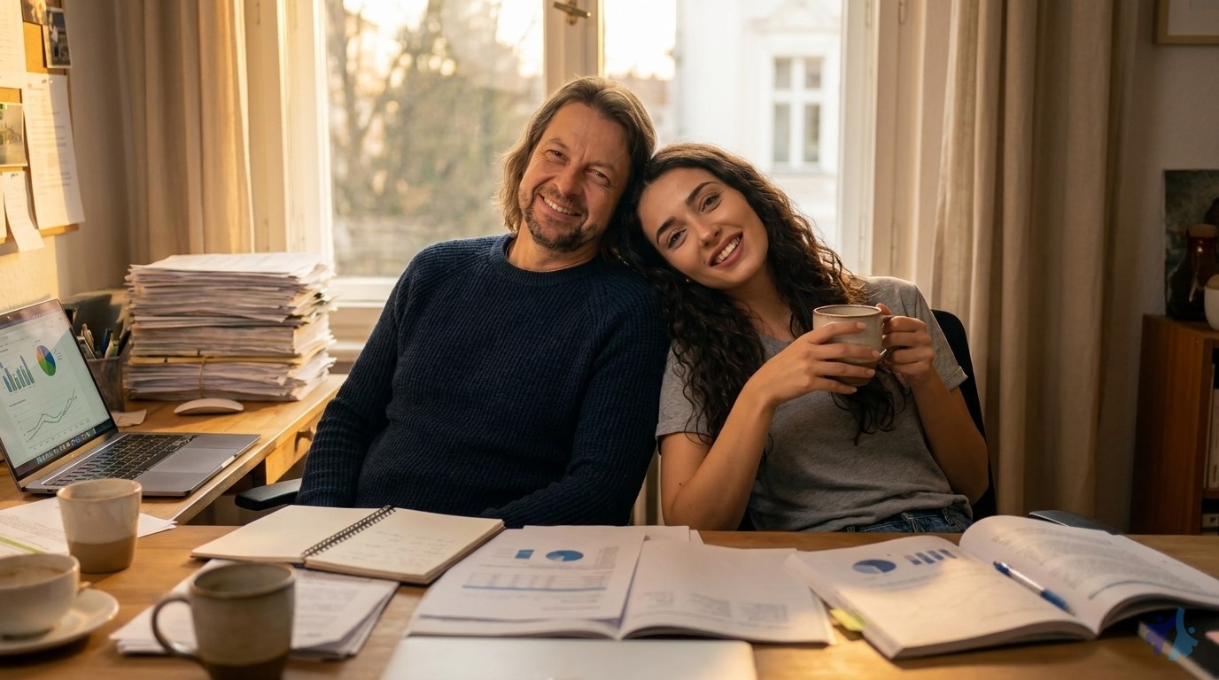 Lia und Maik erschöpft aber glücklich mit Kaffee nach langem Tag