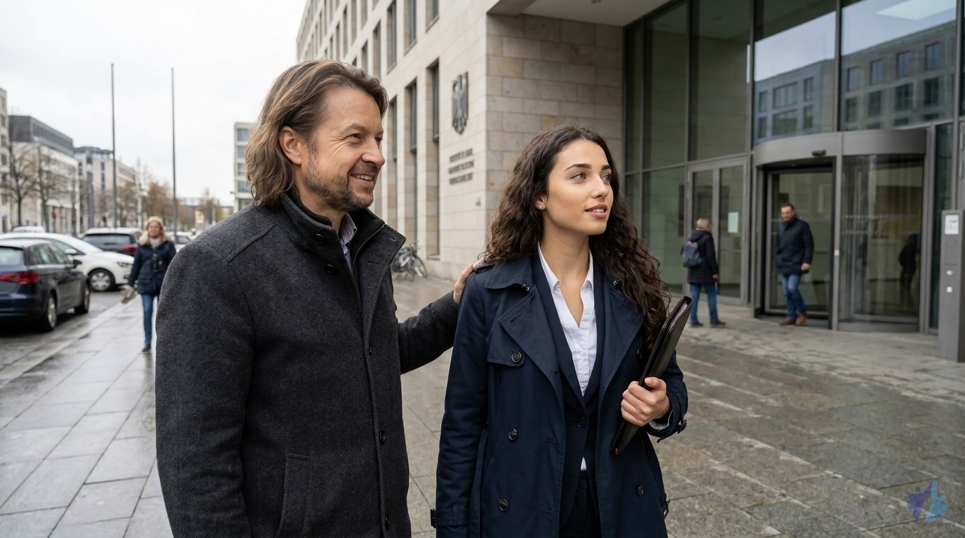 Maik macht Lia vor dem Amtsgebäude Mut