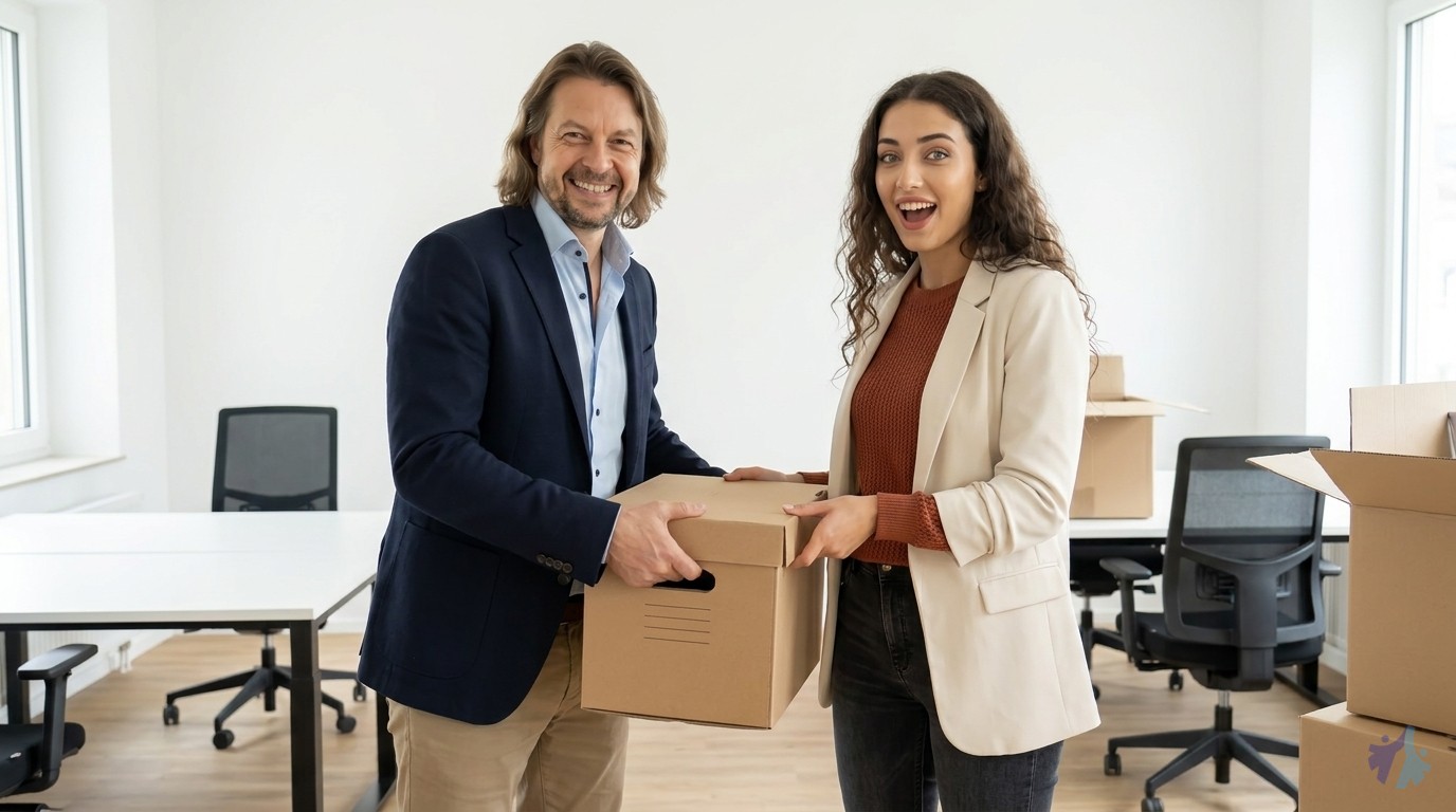 Lia startet mit einem Umzugskarton im neuen Büro, Maik hilft