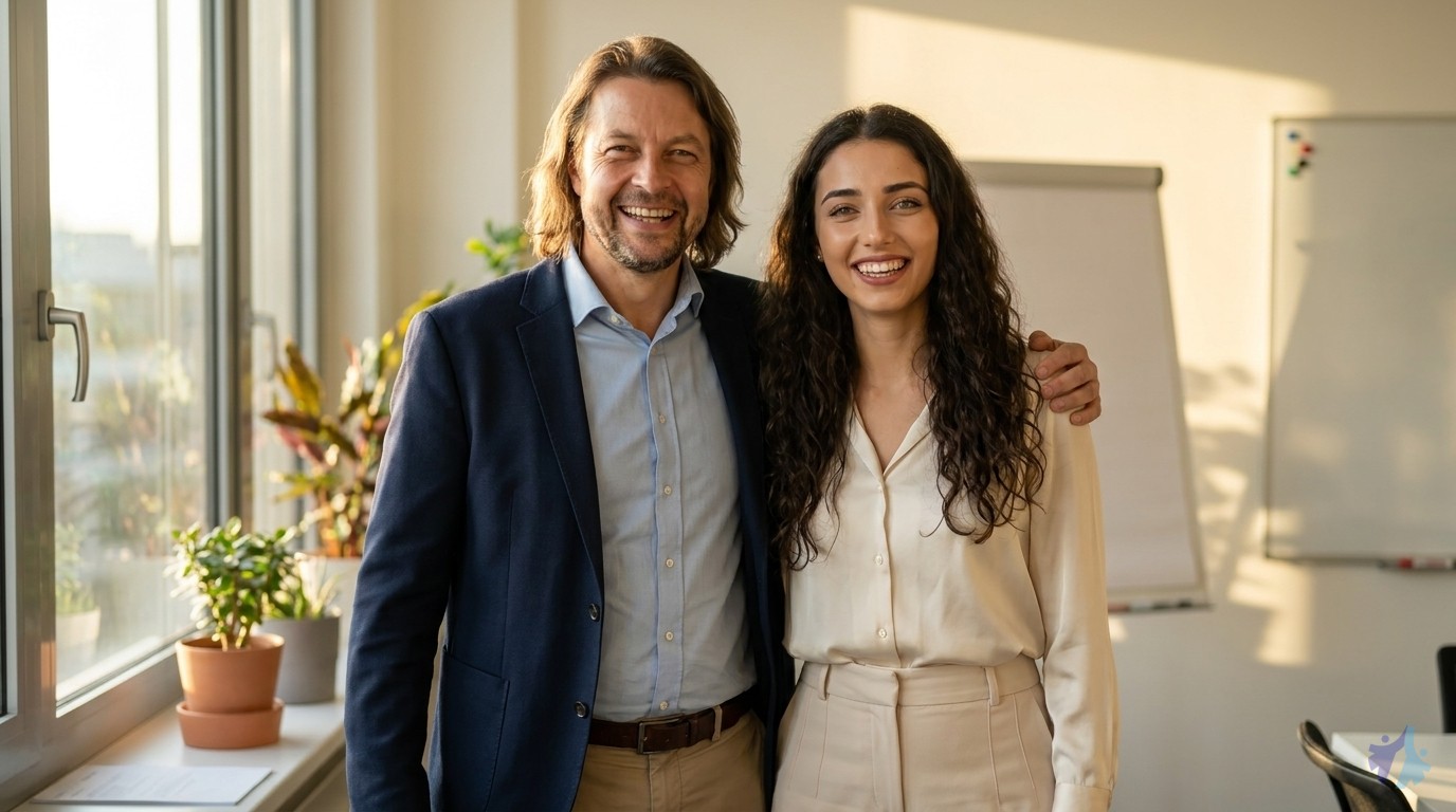 Lia und Maik strahlend Arm in Arm nach erfolgreichem Coaching