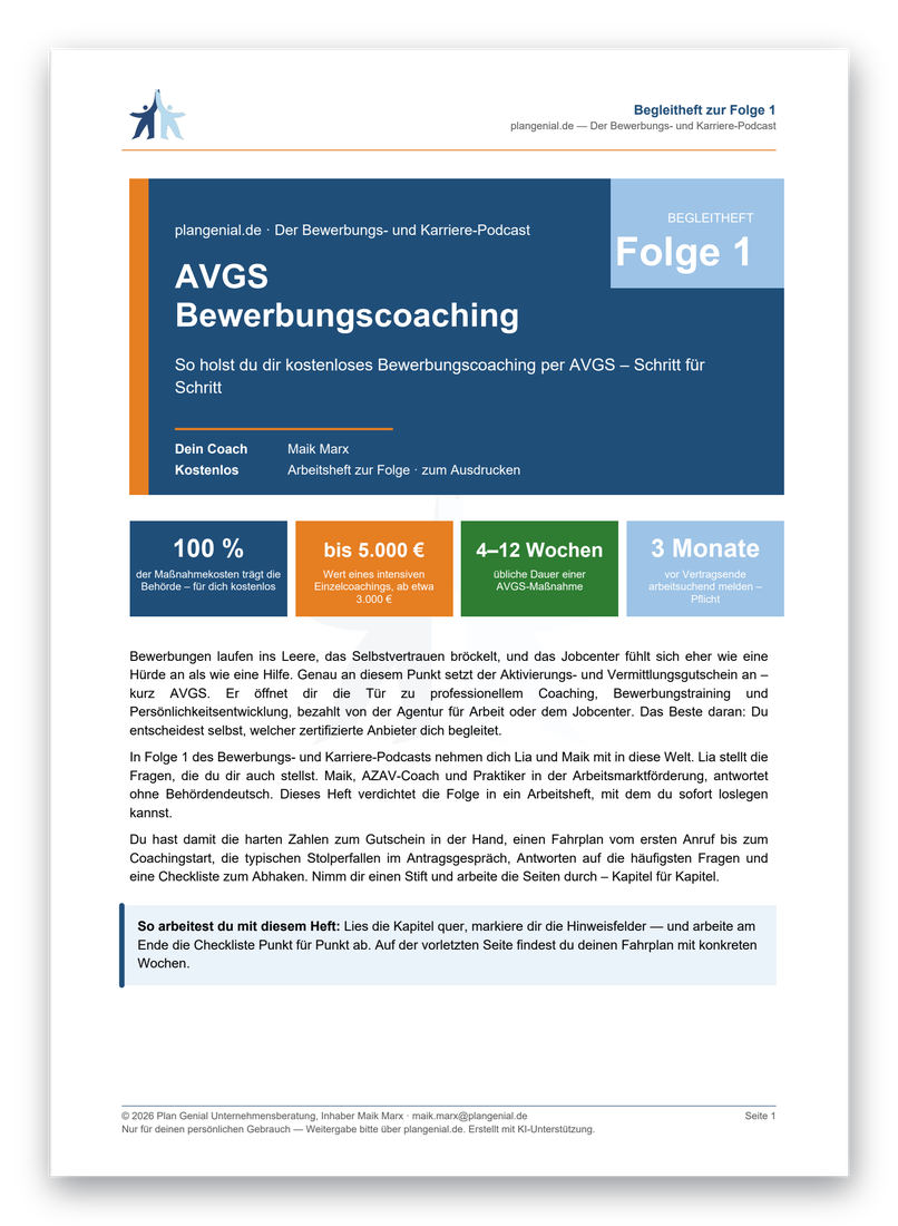 Titelseite des Begleithefts zur Folge 1: AVGS Bewerbungscoaching