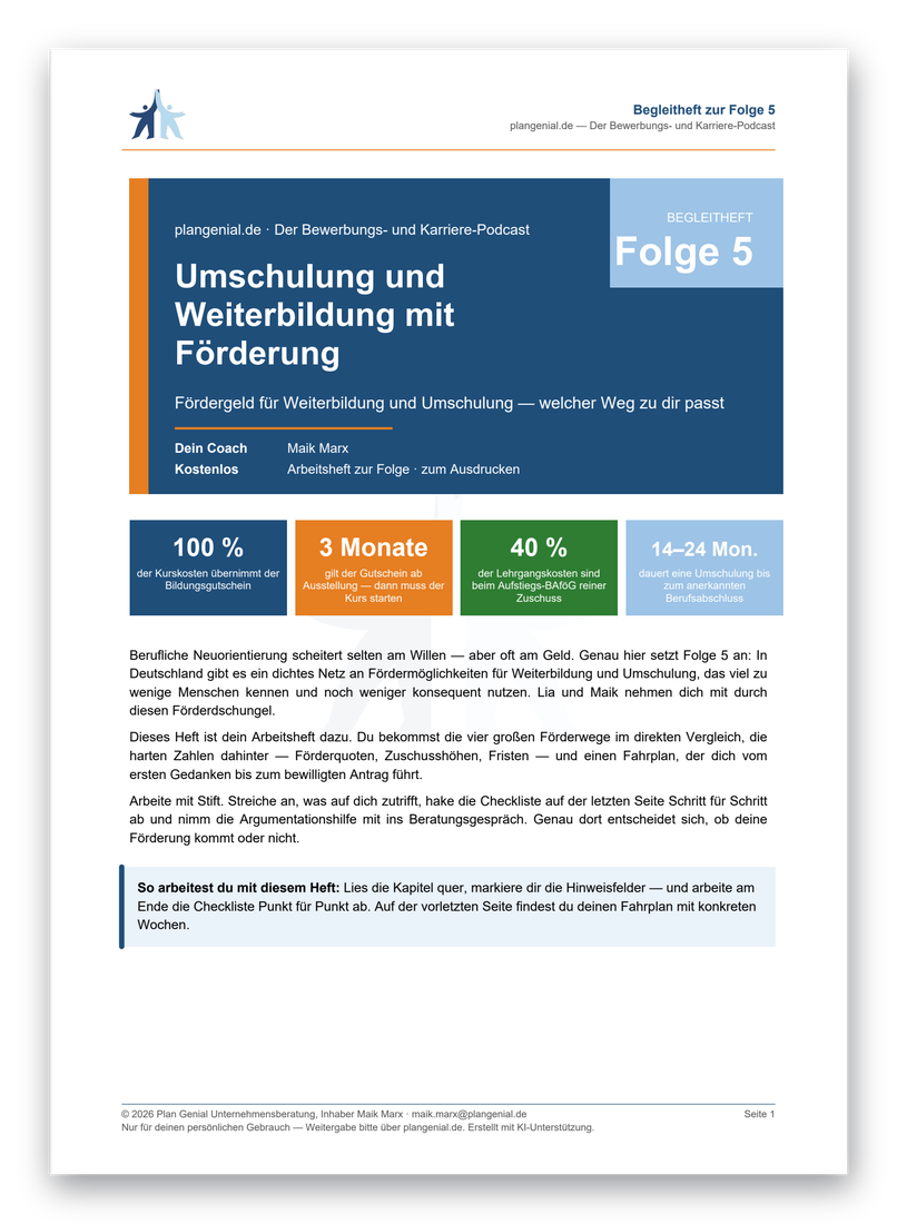 Titelseite des Begleithefts zur Folge 5: Umschulung und Weiterbildung mit Förderung