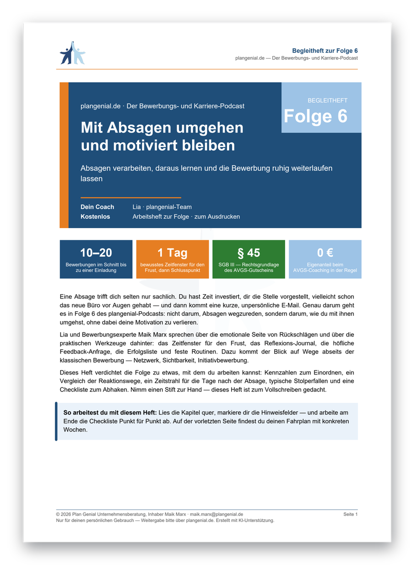 Titelseite des Begleithefts zur Folge 6: Mit Absagen umgehen und motiviert bleiben