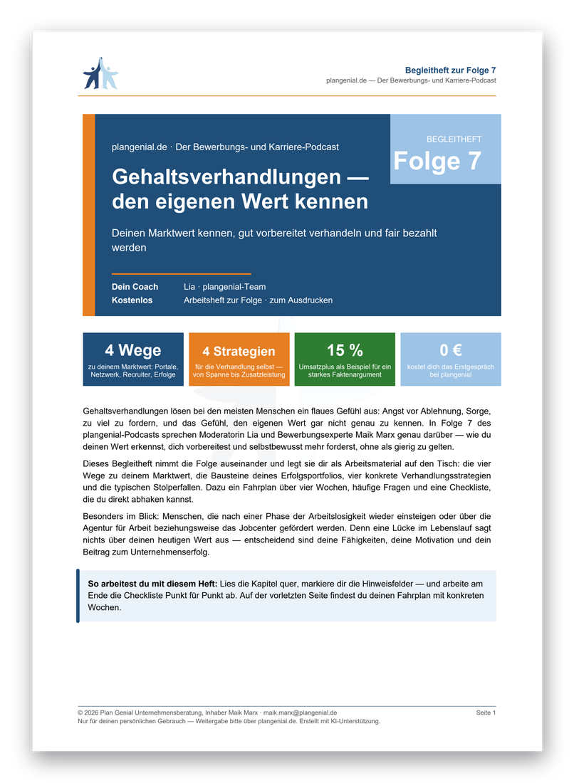Titelseite des Begleithefts zur Folge 7: Gehaltsverhandlungen — den eigenen Wert kennen